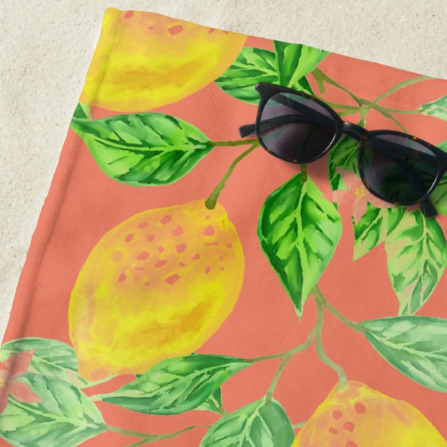 Serviette De Plage Fruit citron motif jaune et pêche rose (Créateur téléchargé)