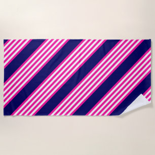 Serviette De Plage Fuchsia et blanc cinq bandes motif avec bleu