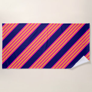 Serviette De Plage Fuchsia et rayures jaunes avec bleu marine