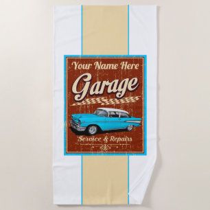 Serviette De Plage Garage de voiture classique personnalisé Blue 1957