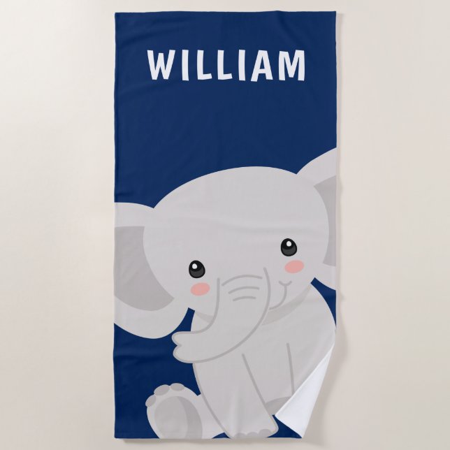 Serviette De Plage Garçon éléphant Navy Bleu Enfants personnalisés (Devant)