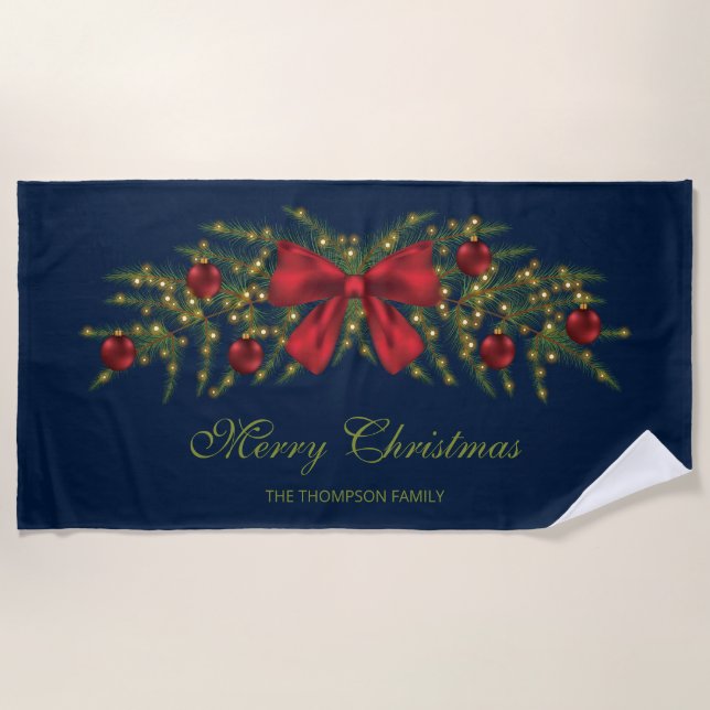 Serviette De Plage Garland De Noël Avec Bow Rouge Et Baubles (Devant)