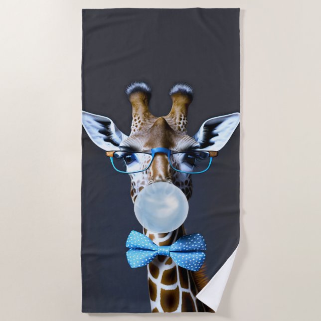 Serviette De Plage Girafe portant des lunettes, arc cravate soufflant (Devant)
