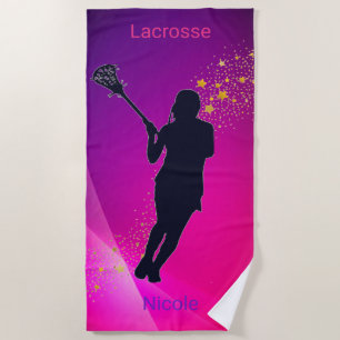 Serviette De Plage Girls Lacrosse Rose & Purple Gold Stars