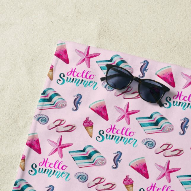 Serviette De Plage Girly Pink Summer Beach Holiday Pattern (En situation)