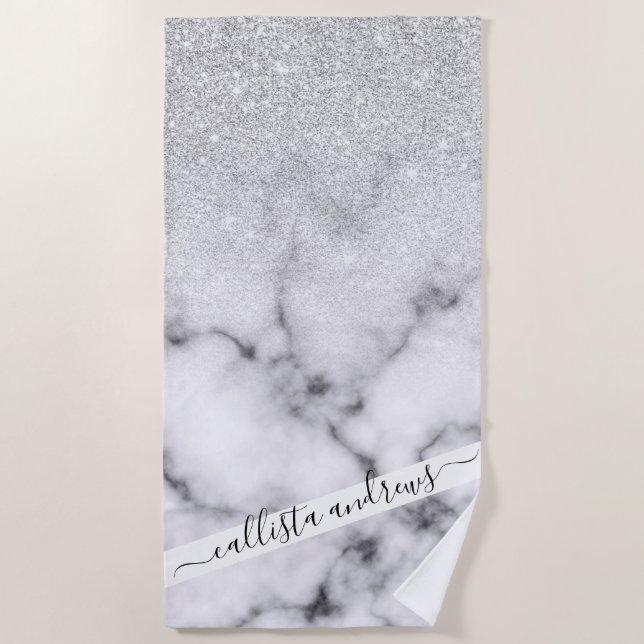 Serviette De Plage Glamorous Silver White Glitter Marble Gradient (Devant)