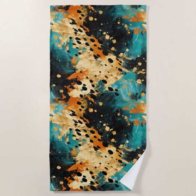 Serviette De Plage Gold Black Aqua Orange Leopard Abstrait (Devant)