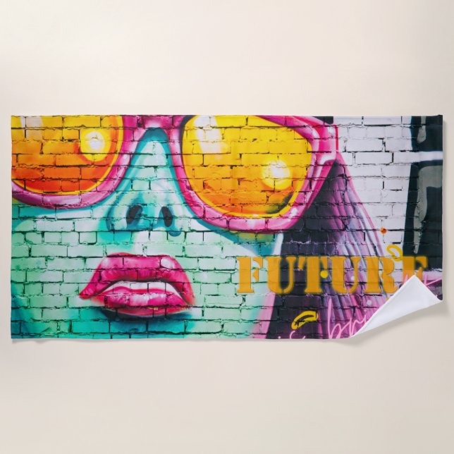 Serviette De Plage Graffiti Futur Est Clair Neon Girl & Lunettes de s (Devant)