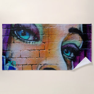 Serviette De Plage Graffiti Girl violet bleu joli yeux Monogramme
