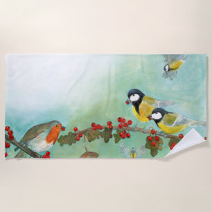 Serviette De Plage Grands Tit Birds, Red Robin & Hawthorn Berries