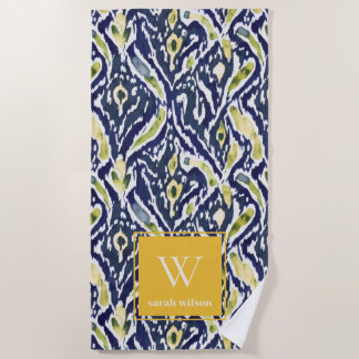 Serviette De Plage Gras bleu jaune Abstrait Ikat Monogramme
