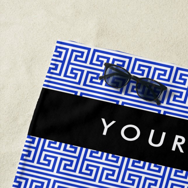 Serviette De Plage Grec Meander Key H Blue, Votre Nom, Personnaliser (En situation)