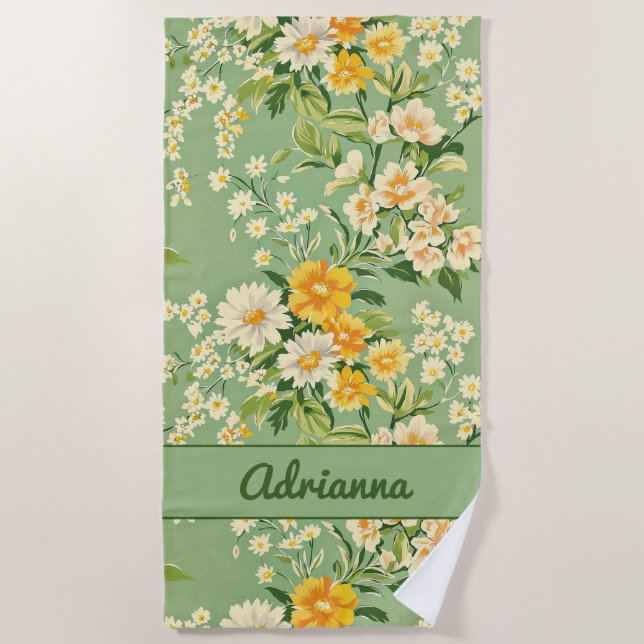 Serviette De Plage Green Retro Floral  (Devant)
