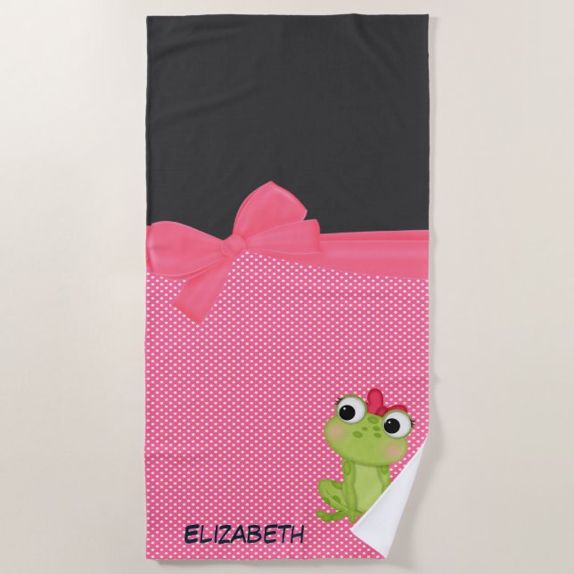 Serviette De Plage Grenouille adorable, Personnalisée Pois (Devant)