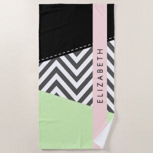 Serviette De Plage Grey Zigzag, Grey Chevron, Mint, Votre Nom