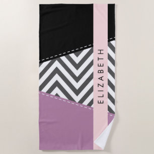 Serviette De Plage Grey Zigzag, Grey Chevron, Purple, Votre Nom