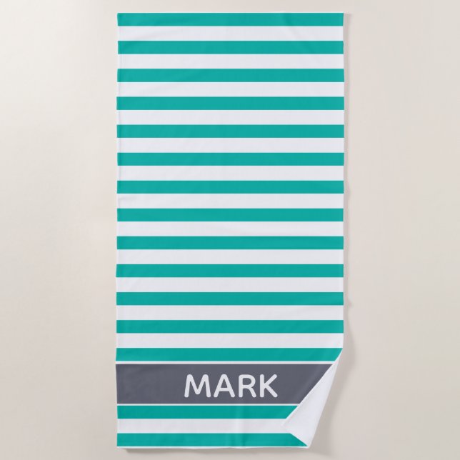 Serviette De Plage Gris Personnalisé Gris Vert Et Blanc Bande De Caba (Devant)