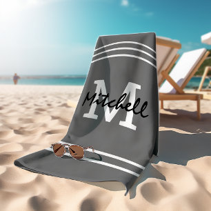 Serviette De Plage Gris rayures Masculine Monogramme