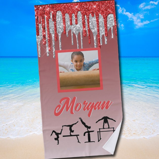 Serviette De Plage Gymnastique Parties scintillant rouge et argent Dr (Sparkly Gymnastics beach towel for Girls Who Love to Shine and Flip)