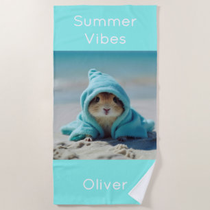 Serviette De Plage Hamster mignon sur la plage - Eté Turquoise