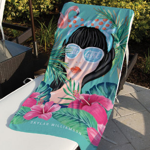 Serviette De Plage Hello Girl Beach Beauté Palm Tropical & Flamant ro