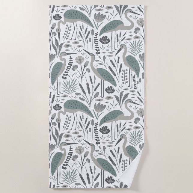 Serviette De Plage Heron et marais Plantes gris monochrome (Devant)
