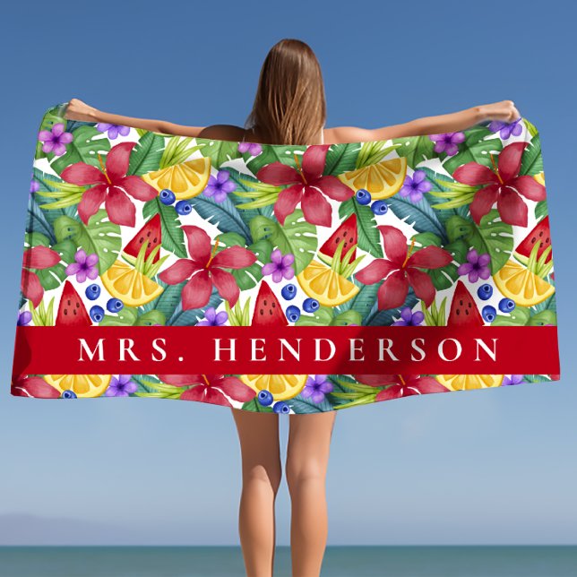 Serviette De Plage Hibiscus et Feuilles tropicaux Nom personnalisé (Hibiscus and Tropical Leaves Personalized Name Beach Towel)