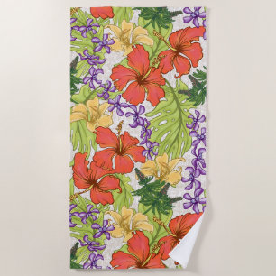 Serviette De Plage Hibiscus et orchidées hawaïens tropicaux de Keleah