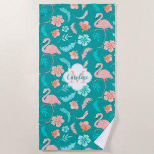 Serviette De Plage Hibiscus Flamant rose rose Motif tropical