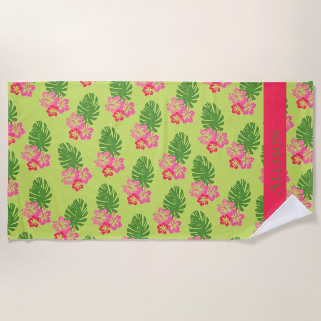 Serviette De Plage Hibiscus Rose Motif Hawaiien En Vert (Devant)