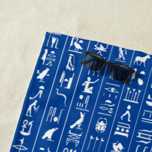 Serviette De Plage Hiéroglyphes Blancs Sur Blue Beach Towel