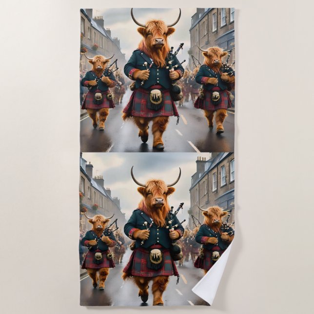 Serviette De Plage Highland Harmony : Bagpipe Highland Cow Band (Devant)