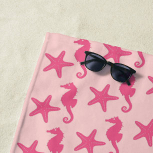 Serviette De Plage Hippocampe et étoiles de mer, nuances de corail ro