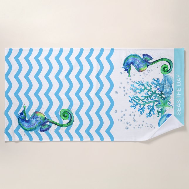 Serviette De Plage Hippocampe nautique Personnalisé Turquoise Aqua bl (Devant)