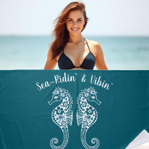 Serviette De Plage Hippocampe-pêcheur Coeur-Hawaïen-Tropical-Turquois