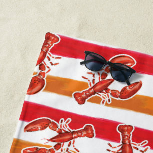 Serviette De Plage Homard Rouge Aquarelle Rayures Orange Personnalisé
