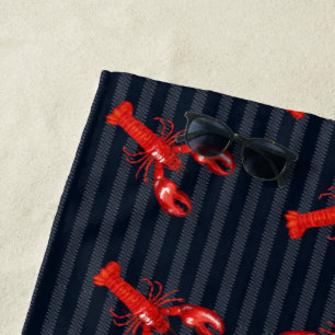Serviette De Plage Homard Rouge Rayures Abstraites Navy Personnalisé