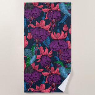 Serviette De Plage Hummingbird garden in purple and blue