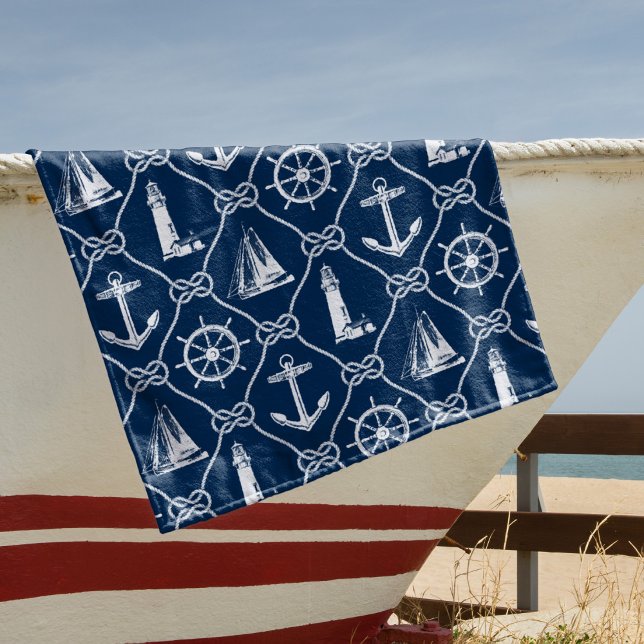 Serviette De Plage Icônes marines Corde Bleue et Blanche (Créateur téléchargé)