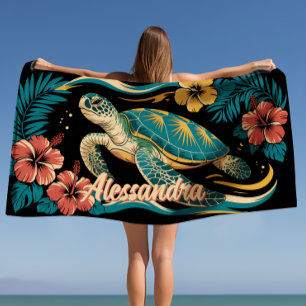 Serviette De Plage Ile Vibes Tortue tropicale Hibiscus hawaïen