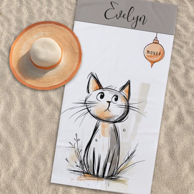 Serviette De Plage Illustration de chats doux personnalisée (Cute cat and mouse illustration)