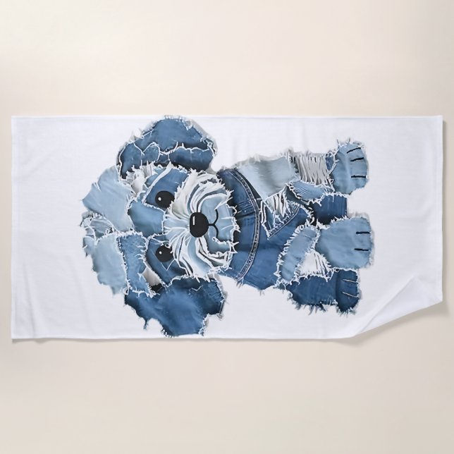 Serviette De Plage Illustration de chien en patchwork de denim mignon (Devant)