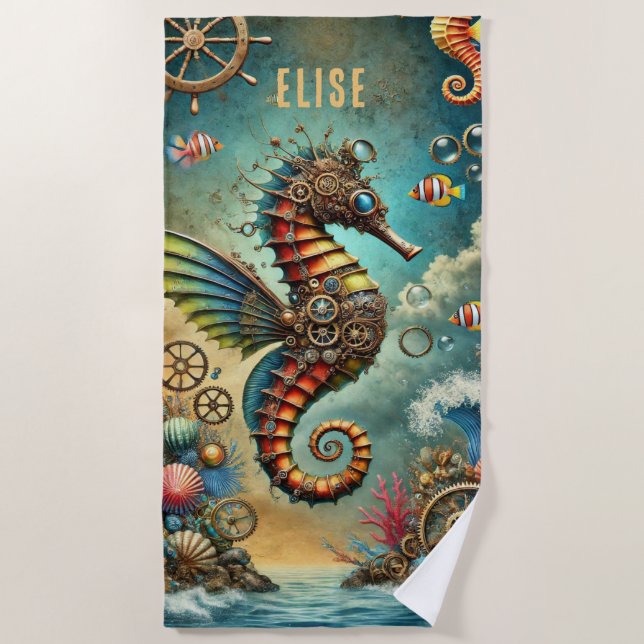 SERVIETTE DE PLAGE IMAGINAIRE HORSE À STEAMPUNK WHIMSICAL (Devant)