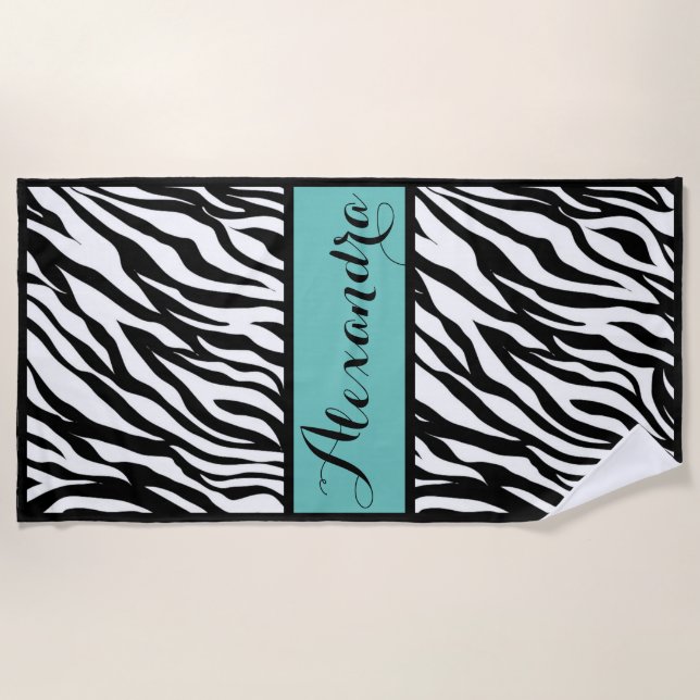 Serviette De Plage Impression Zebra Avec Monogramme Turquoise (Devant)