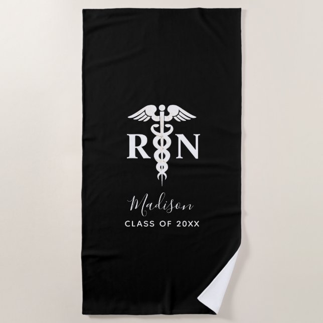 Serviette De Plage Infirmière diplômée Médicale Noir Blanc Personnali (Devant)