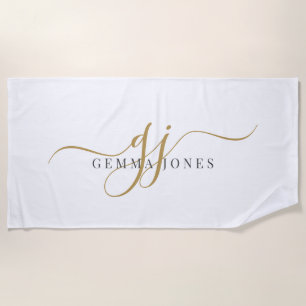 Serviette De Plage Initiales de script or Monogramme minimaliste blan