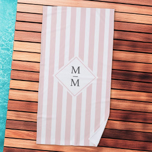 Serviette De Plage Initiales monogrammes rayures blanches pâles rose 