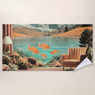 Serviette De Plage Intérieur surréaliste avec poissons et paysage au