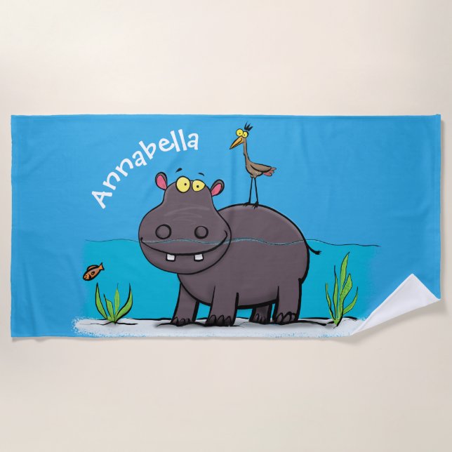 Serviette De Plage Ippopotame drôle mignon avec dessin animé d'oiseau (Devant)