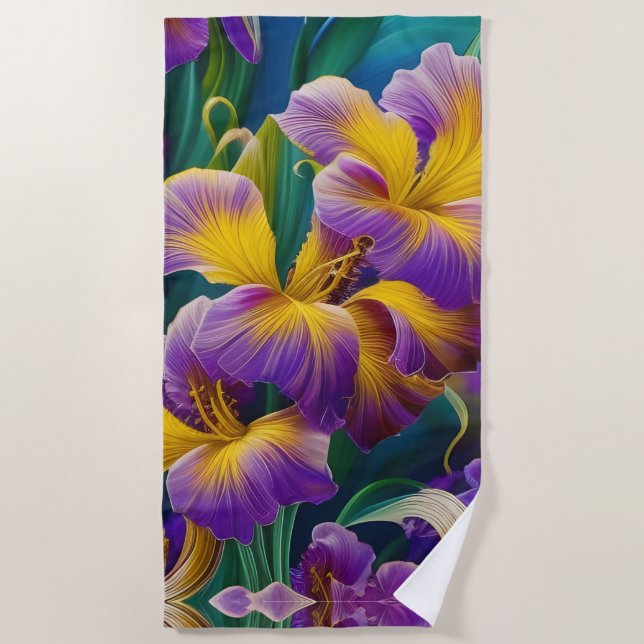 Serviette De Plage Iris Floral Violet et bleu or feuilles (Devant)